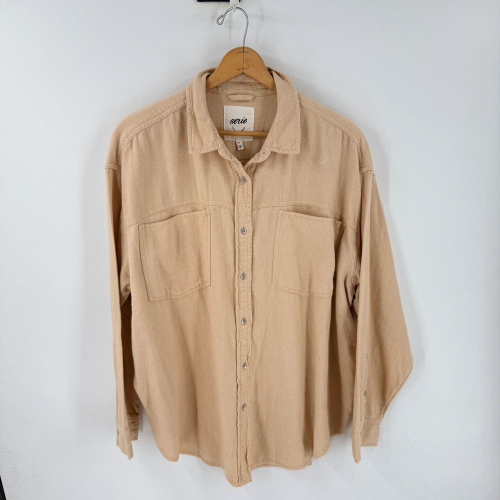 Aerie Button Down Shirt Tan Small Boho Casual Minimalist Utility Neutral Top